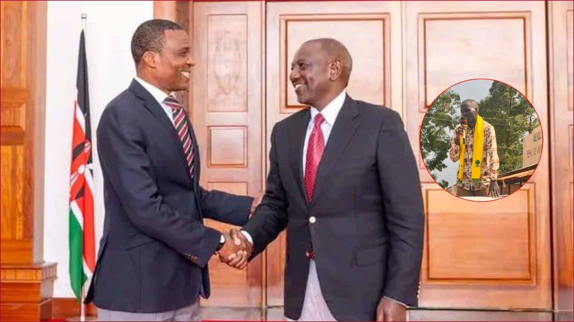 David Ndakwa sharing a moment with President William Ruto at State House Nairobi (Inset: The late Malulu Injendi's son Ryan Injendi).